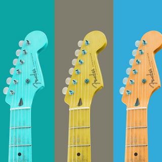 The top half of guitars pictured against yellow, green, grey, blue and peach backgrounds.