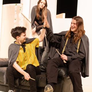 The puff characters Wayne Hopkins, Oliver Rivers and Megan Jones gather together.