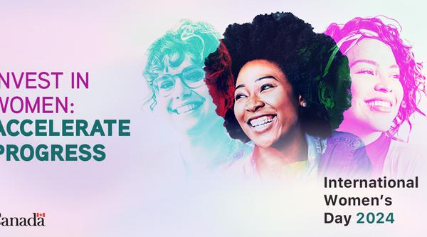 International Women's Day 2024 poster with three women's faces and Invest in Women: Accelerate Progress