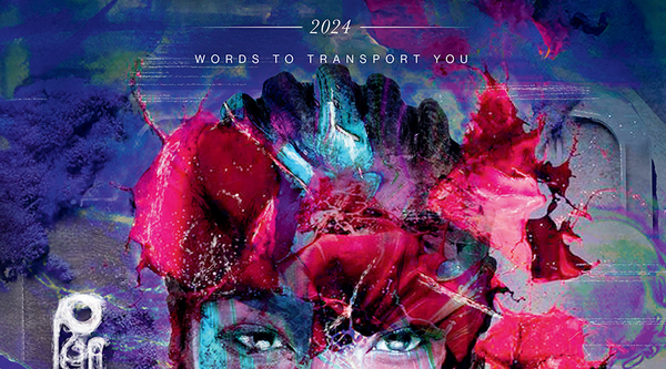 An illustrated image of a woman with purple skin and blue strokes on her skin with red flowers in her hair.