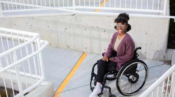 woman in a wheelchair on a ramp at VIU's Nanaimo campus