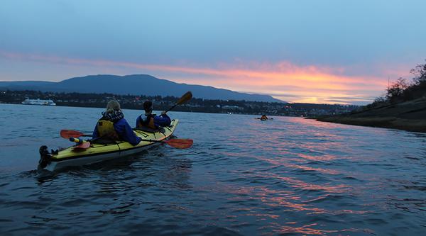 Two people kayaking towards a sunset.