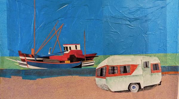 Mixed media painting of a red, white and dark blue boat with a trailer in front of it on the shoreline.
