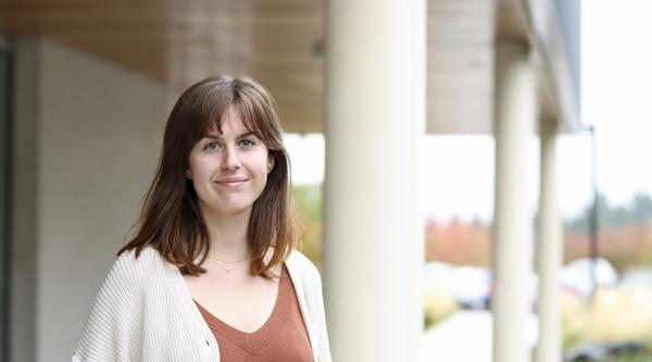 Erika Berg stands outside VIU's Science and Tech building.