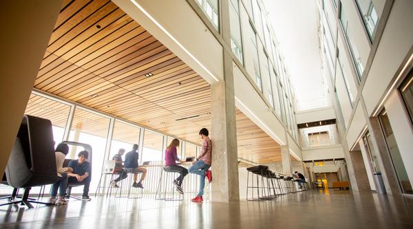 Group of students hang out in the Centre for Health and Science