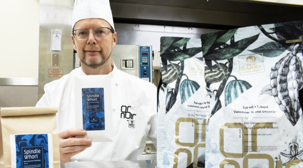 VIU Baking Instructor Ken Harper displays the new exclusive VIU chocolate product, known as Spindle Whorl.