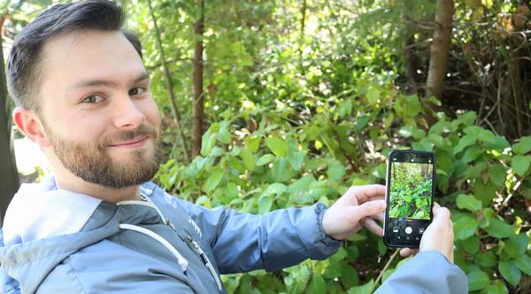 Jacob Frankel holds up his phone to a sala bush. The green leaves appear on his phone screen.