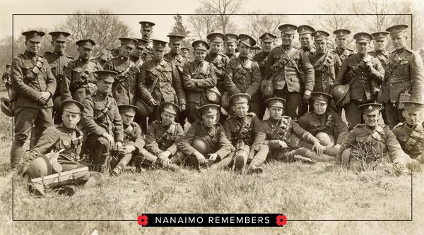 Group photo of soldiers with Nanaimo Remembers in text beneath