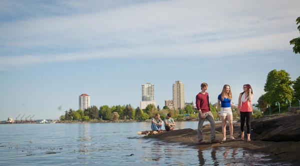 Two groups of students enjoy the waterfront in downtown Nanaimo
