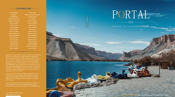 Portal cover. A list of contributor names runs along the left side and several multi-coloured swan boats line the shore of a lake with a mountain range in the background.