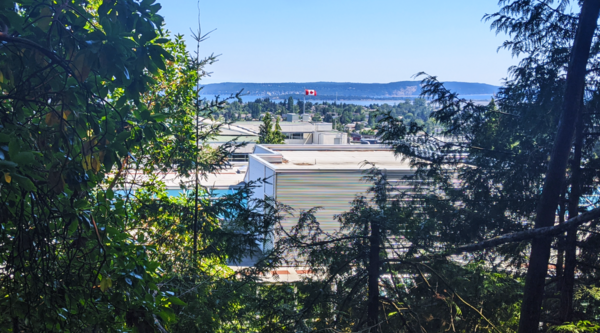 View of VIU campus looking towards Gabriola Island on sunny day