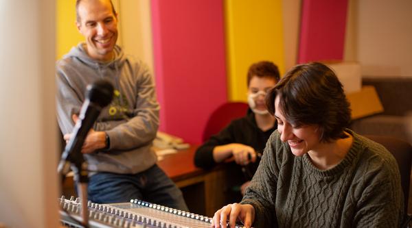 A VIU music student works on an audio recording device.