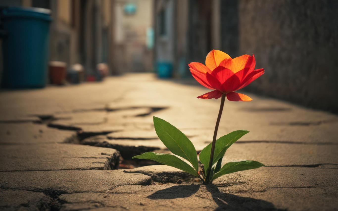 a flower grows out of concrete