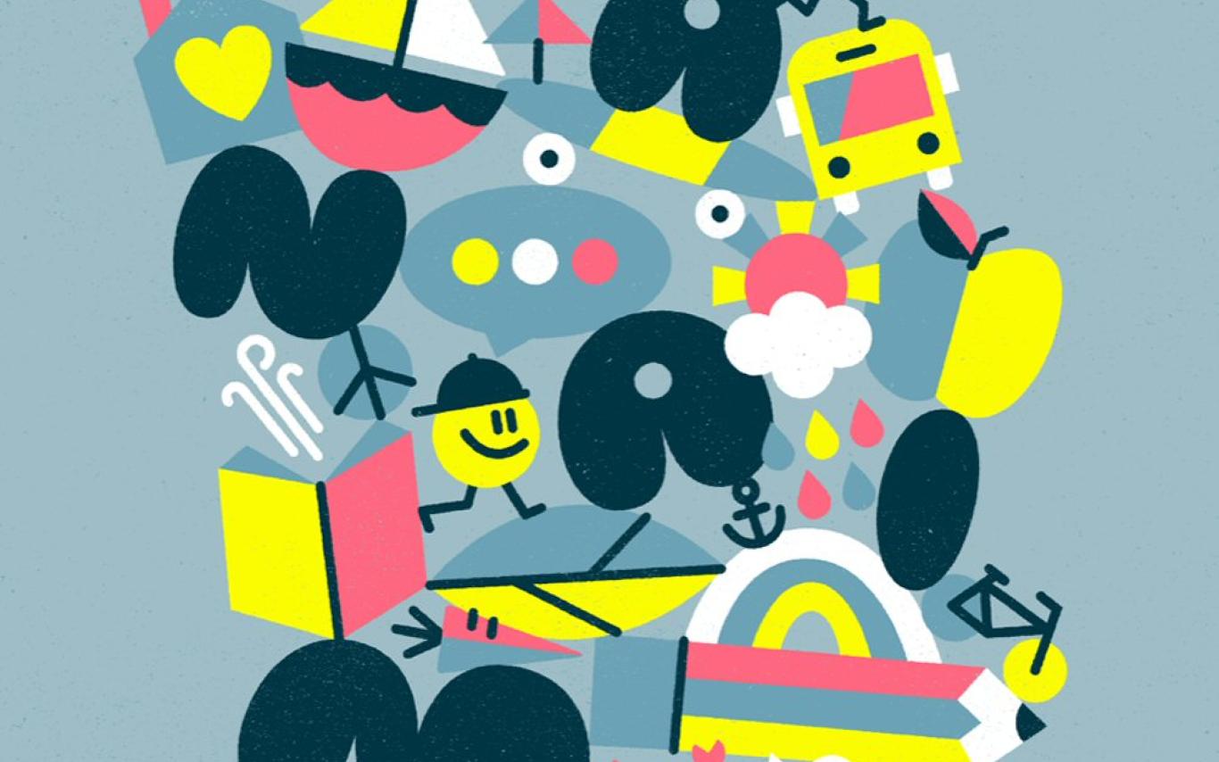 Sebastian Abboud's REIMAGINE Nanaimo illustration has pops of highlighter yellow and pink and depicts cycling, walking, buses and more.