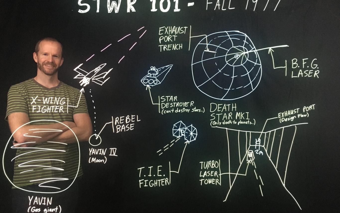 VIU Engineering Technician David Moss has used the light board to illustrate some cool Star Wars facts such as where the exhaust port is located on the Death Star.