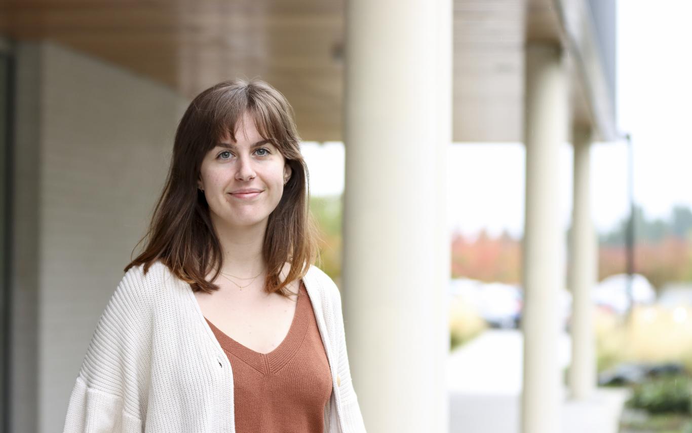 Erika Berg stands outside VIU's Science and Tech building.