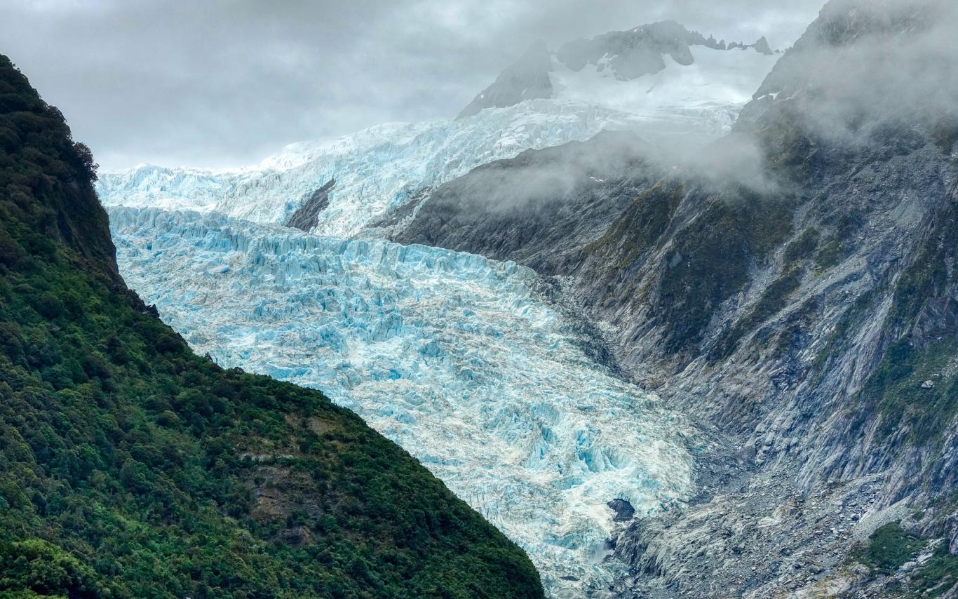 A glacier between two mountain ranges.