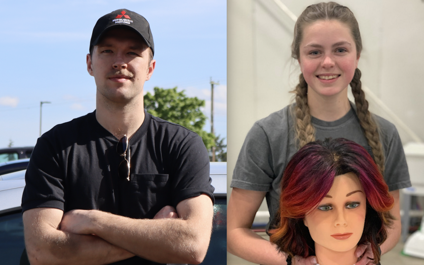 Split photo of Logan on the right and Esther on the left