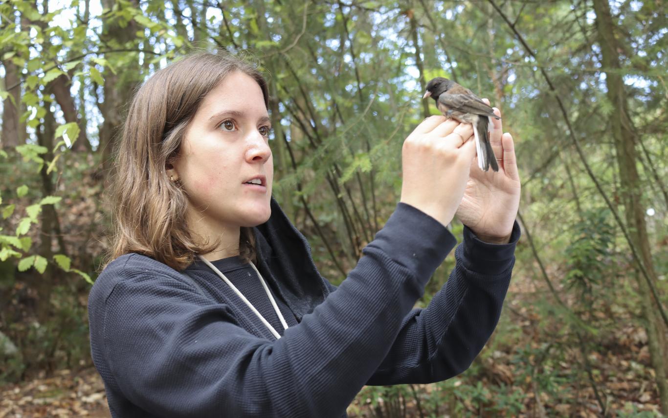 Samuelle Simard-Provençal holds a small bird in her hands.