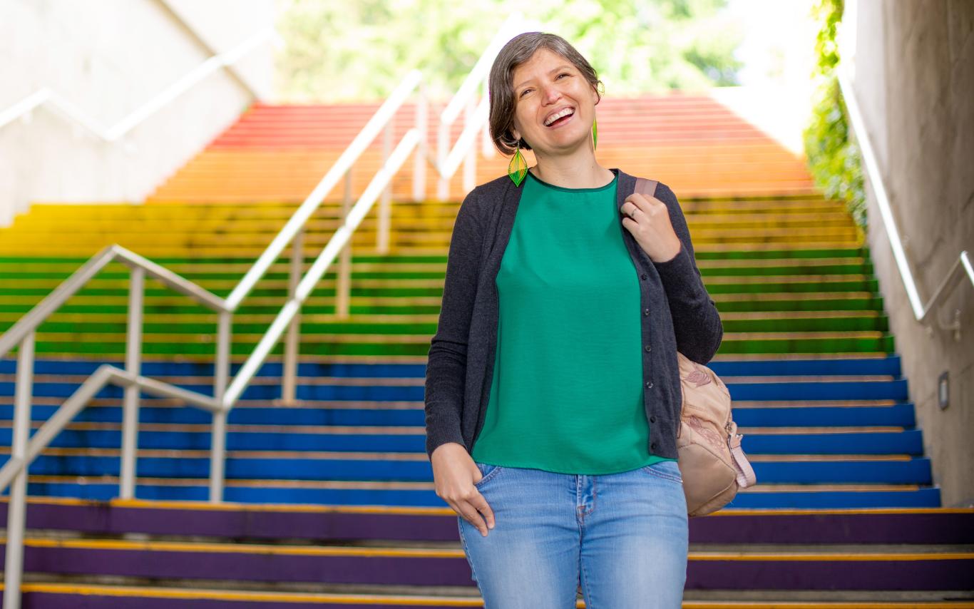 Student on the rainbow stairs