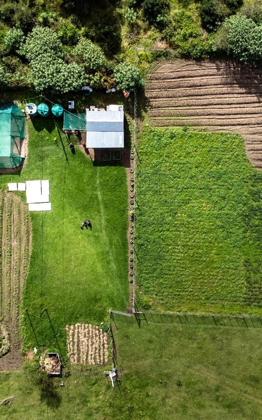 A drone photos of the top of a greenhouse a fields.