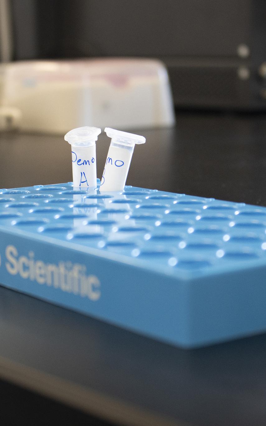 Test tube containers in a blue bin.