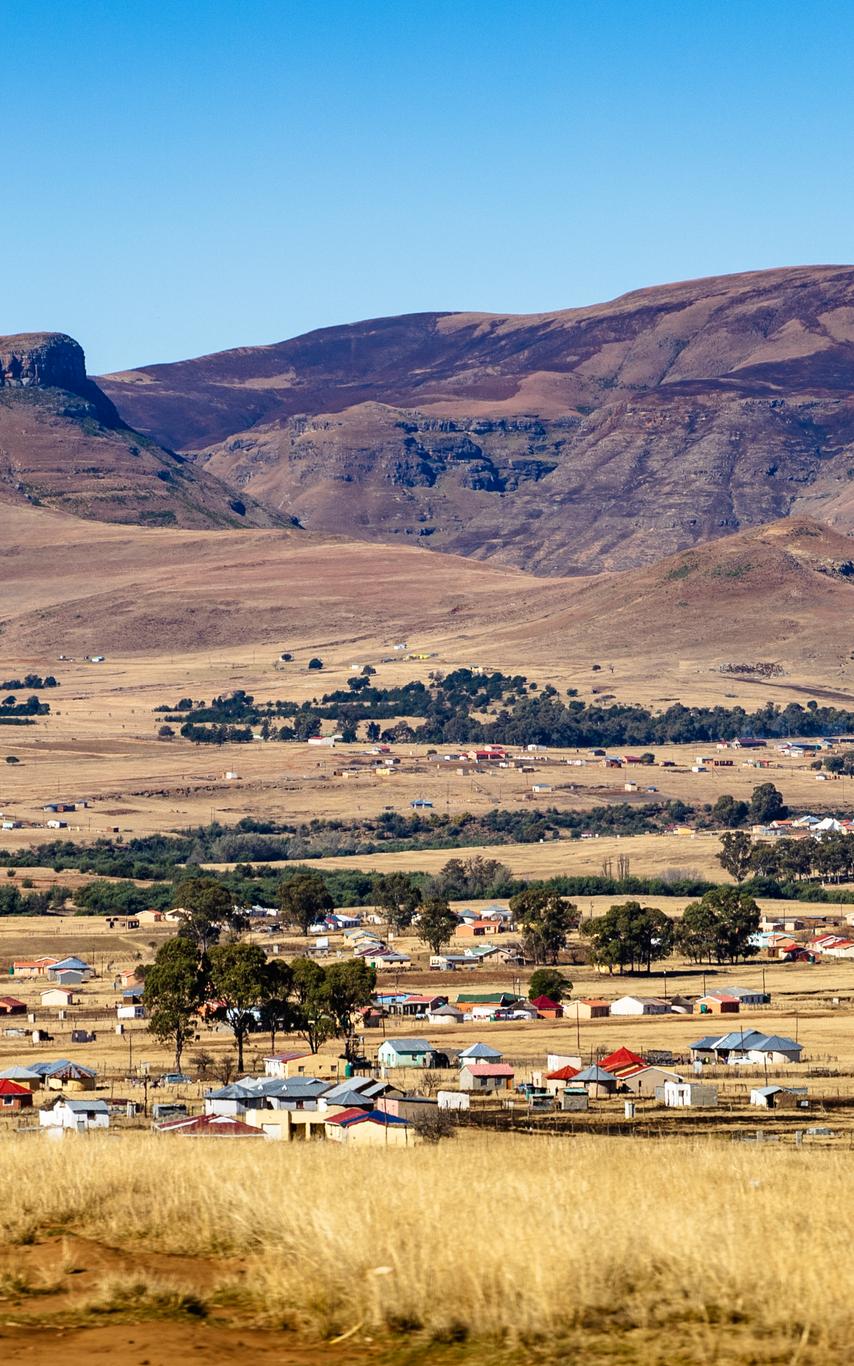 A cluster of houses in a grassy plain with a mountain in the distance.