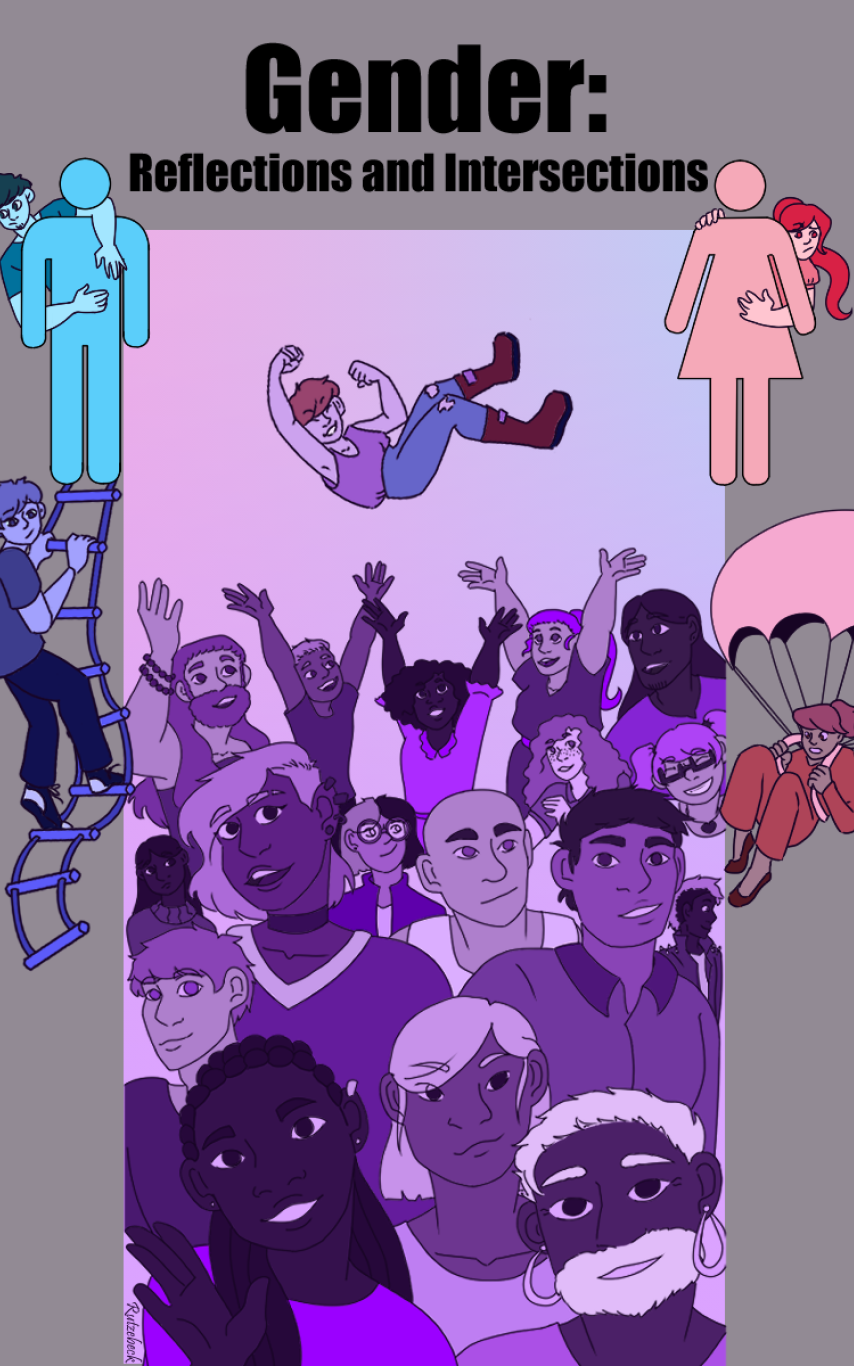 Book cover that says Gender: Reflections and Intersections. It has images of multiple people in various shades of purple and a blue and and pink person at the sides.